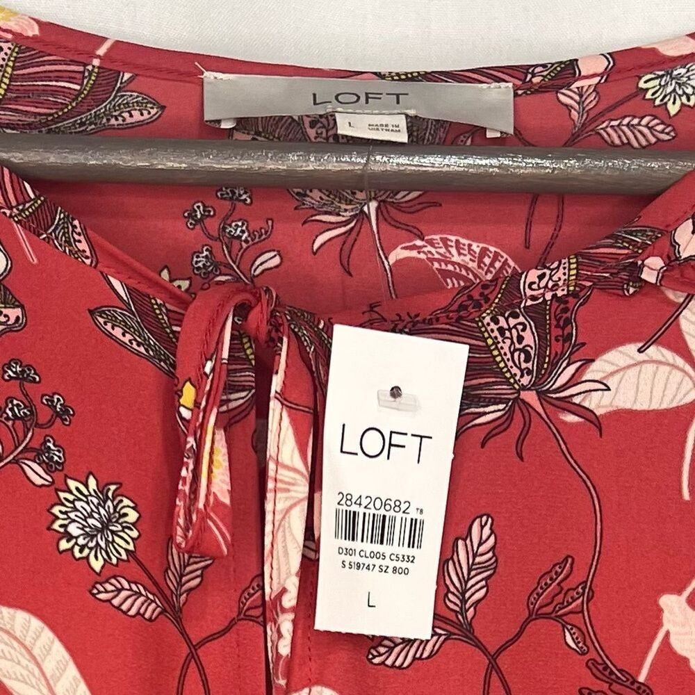 NWT LOFT Floral Ruffle Trim Blouse size Large Split Neck Tie Long Sleeve Top - Picture 4 of 6